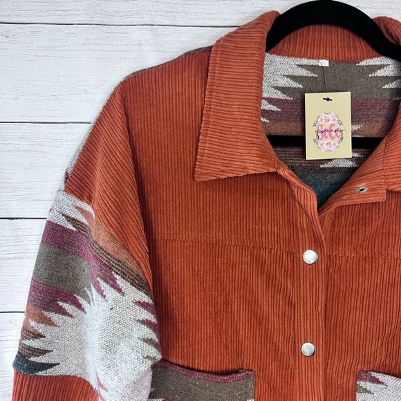 Boutique Brand Brown Button Down Aztec Patchwork Corduroy Jackets Front Pockets - Picture 3 of 9